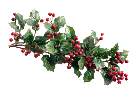 Boughs of holly for decoration Christmas isolated on transparent background.
