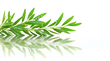 Horizontal Melaleuca Alternifolia (Tea Tree) Branch with Water Droplets and Reflection on White Background for Spa, Health, and Beauty Concepts in Banners and Posters