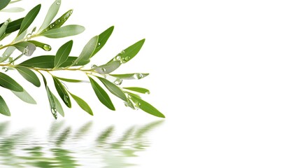 Obraz premium Horizontal Melaleuca Alternifolia (Tea Tree) Branch with Water Droplets and Reflection on White Background for Spa, Health, and Beauty Concepts in Banners and Posters