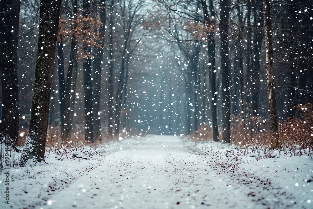 Poster snow falling on a forest path.