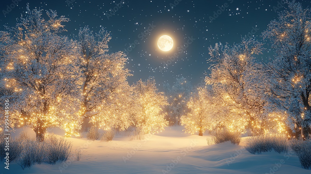Poster snow-covered trees with twinkling lights under a full moon.