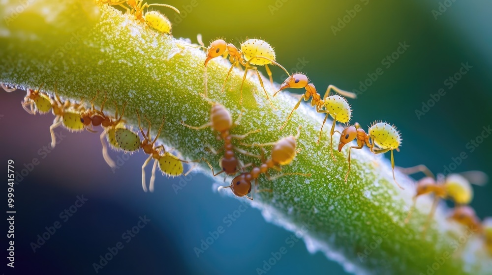 Wall mural A macro shot of ants tending to aphids on a plant stem, illustrating their symbiotic relationship.