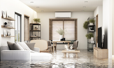 A flooded modern living room with water covering the floor and furniture showing the impact of a natural disaster on home interiors beautifully detailed 3d rendering