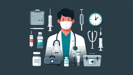 illustration of a doctor with complete equipment, flat design style, solid dark gray background 