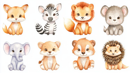 Obraz premium Hand-drawn watercolor set of baby animals, featuring a zebra, fox, elephant, wolf, tiger, lion, and hedgehog. Vector set