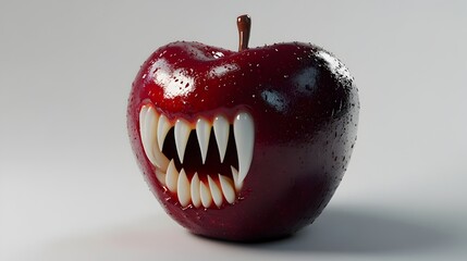 Vampire Fangs Puncturing a Gleaming Crimson Apple Against a Minimalist White Background