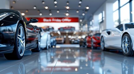Luxury Car Dealership with Sports Cars and Black Friday Special Offer Tags for Modern Upscale Auto Showroom