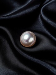 A lustrous pearl rests delicately on a smooth, dark fabric, showcasing its natural beauty and elegance.