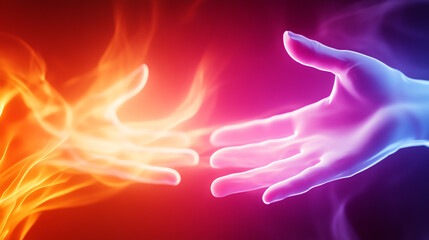 Concept of connection represented by glowing hands in vibrant colors.