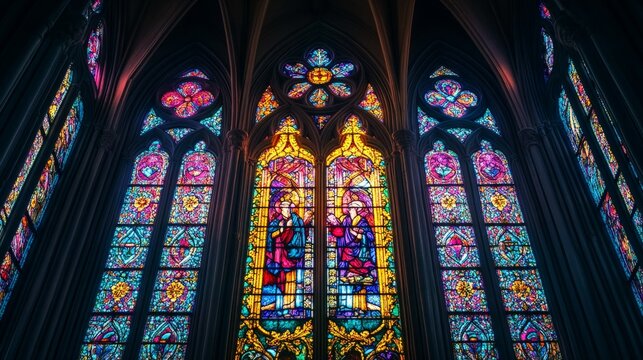 Motivational quote over a gothic-style stained glass window, with rich colors and intricate details.