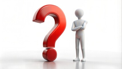 3D figure standing beside a large red question mark on a white background
