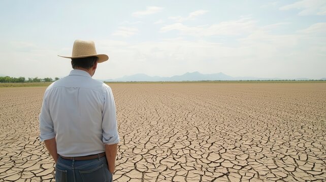 Farmers looking at dry, barren fields, unable to produce crops due to food shortages   crop failure, food scarcity