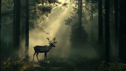 Fototapeta premium A reindeer in the middle of a misty forest with light breaking through the trees