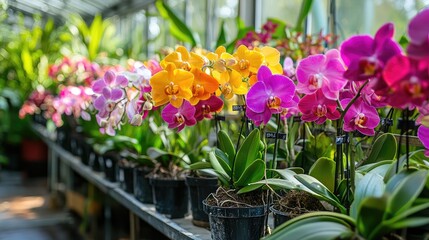 A row of potted orchids in a greenhouse, their vibrant blooms adding a touch of color and beauty to the lush green environment. -