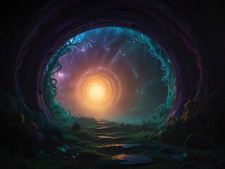 a person is standing in a dark space with a glowing object in the middle.