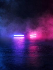 Naklejka premium Neon lights reflecting on wet asphalt with smoke flat design top view scifi theme animation Triadic Color Scheme