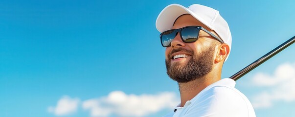 Golfer smiling while practicing their swing at the driving range on a clear day   golf practice, skill-building joy