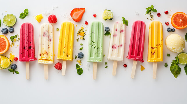  Colorful fruit sorbets on sticks laid out on a white background with fresh fruits, berries, and mint