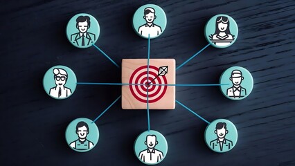  A central wooden block with a target illustration connects to six circular people icons, visually representing teamwork, goal alignment, and organizational structure.