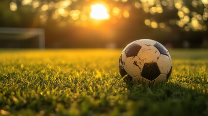 Fototapeta premium A soccer ball on an outdoor field at sunset, with light shining through the grass, ready for the next game.