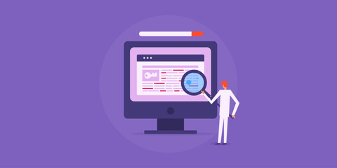 SEO expert analysing keyword stuffing on website content, causing low performance on search engine conceptual vector illustration.