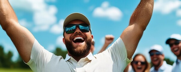 Happy golfer celebrating a hole-in-one with arms raised, friends cheering in the background   golf success, excitement