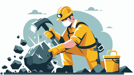 illustration of a mining worker breaking rocks, in a yellow costume, flat design style 