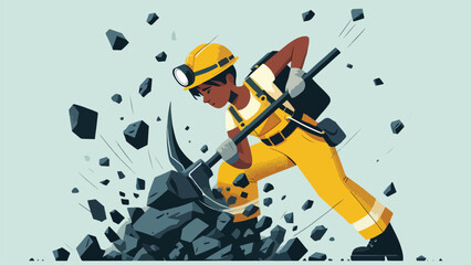 illustration of a mining worker breaking rocks, in a yellow costume, flat design style 