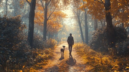  person walking their dog on a narrow forest trail, surrounded by tall trees and autumn leaves