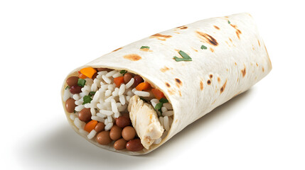 A single whole burrito with rice beans and chicken isolated on white background, clipart