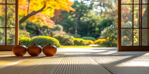 Three ceramic jars with lids on a wooden floor in front of an open window with a blurred background of a garden in fall.