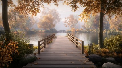  simple wooden bridge stretching over a calm river, surrounded by autumn foliage.