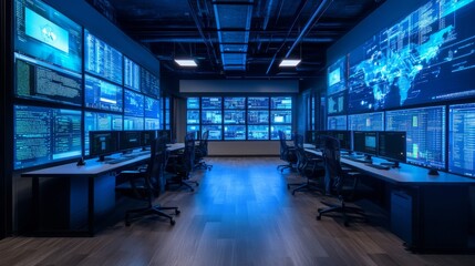 Fototapeta premium A modern server room with rows of workstations and large screens displaying data and code.