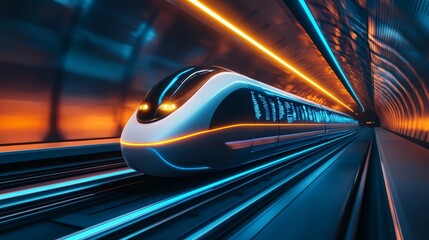 Fototapeta premium A futuristic train speeds through a glowing tunnel, showcasing sleek design and vibrant neon lights that create a dynamic visual experience.