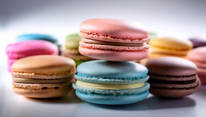 Isolated French macarons with depth of field capturing colorful layers and delicate textures