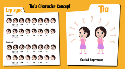 An excited cartoon little girl vector. Girl lip sync set for animation. Girl face expression vector. Little girl cartoon character vector & illustration