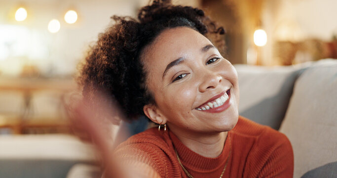 Selfie, relax and woman in house, portrait and gen z in living room, fun or profile picture for dating app. Home, couch and photography for memory, smile and playful for relationship online or happy
