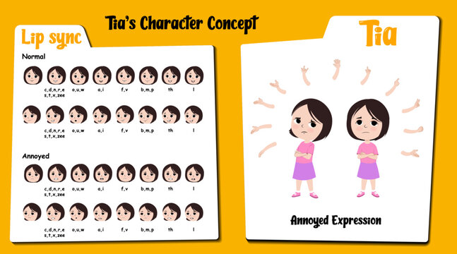 An annoyed cartoon little girl vector with hand gesture. Girl lip sync set for animation. Girl face expression cartoon vector. Annoyed girl cartoon, vector, illustration, 