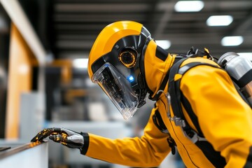 Advanced robot working in a hazardous environment, equipped with protective gear, performing tasks that are too dangerous for humans, like firefighting or nuclear plant maintenance
