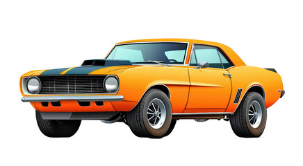 Fototapeta premium Classic orange muscle car with black stripes, showcasing powerful design and vintage appeal. This iconic vehicle represents speed and style, perfect for car enthusiasts. 