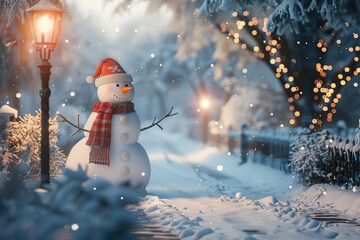 Obraz premium Christmas greeting card with bright winter holiday snowman and New Year background