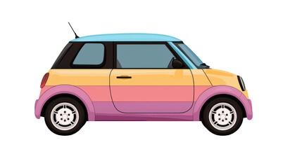 colorful, compact car featuring vibrant design with blue roof and gradient of yellow, pink, and purple on body. This playful vehicle stands out with its unique style and cheerful appearance. 