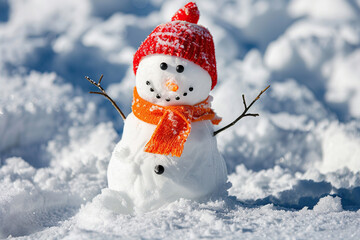 Fototapeta premium Christmas greeting card with bright winter holiday snowman and New Year background