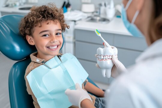 Child smiling in a dental chair, with a dentist explaining brushing techniques using a large toothbrush and dental model, creating a child-friendly atmosphere