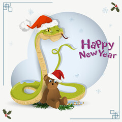 The symbol of the new year is a snake in a Santa Claus hat next to a teddy bear toy