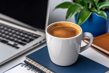 Coffee cup on a desk with a laptop and notebooks, creating a cozy, productive workspace environment, symbolizing focus and energy