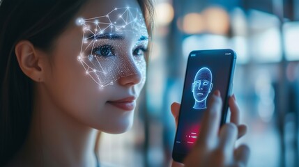 Person using facial recognition on a smartphone for secure banking. Cyber security system, biometric identification, data protection technology concept. scanning to access personal data and digital