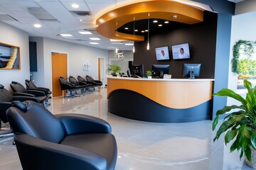Dental office reception area with comfortable seating, showcasing a welcoming, modern space for patients waiting for their appointments