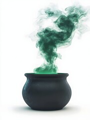 Eerie Bubbling Cauldron with Swirling Green Smoke on Isolated White Background