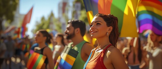 Fototapeta premium People celebrating pride with rainbow flags